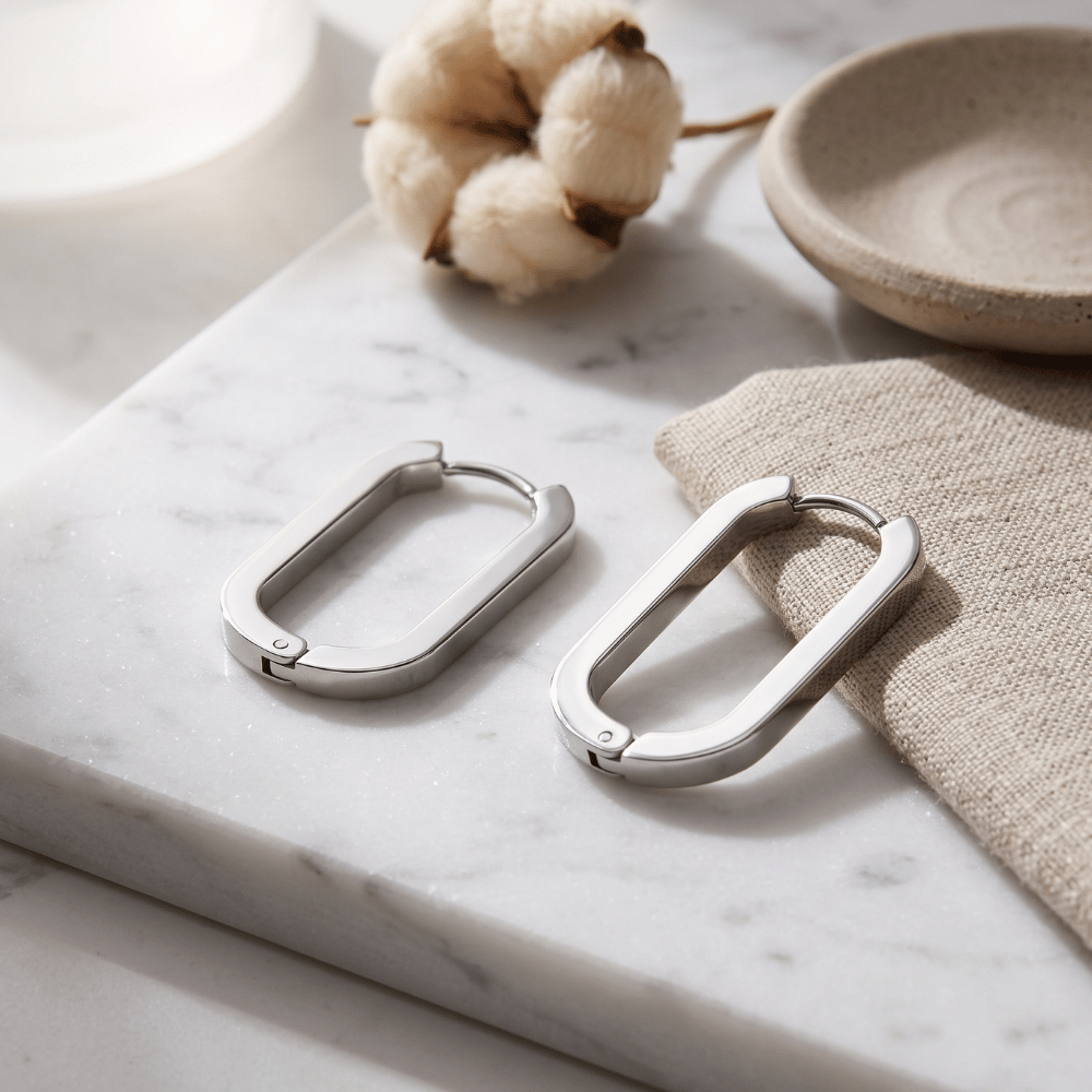 Stainless Steel Oval Square Tube Hoop Earrings