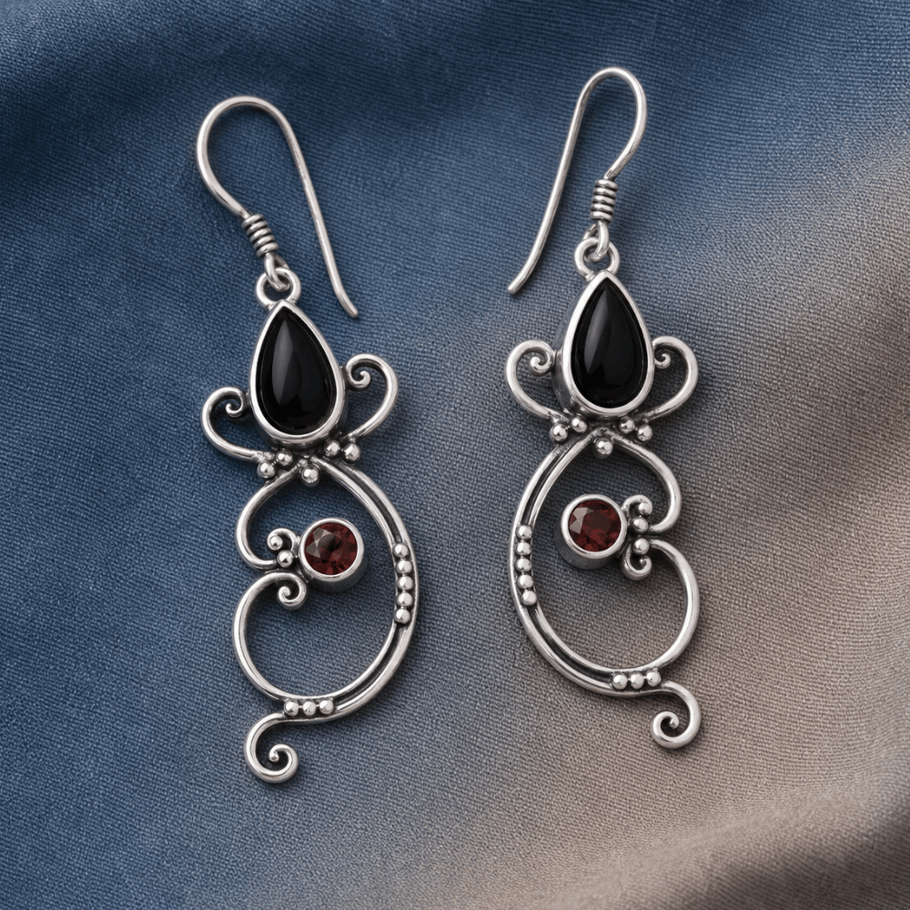 Black Onyx and Garnet Bali Earrings
