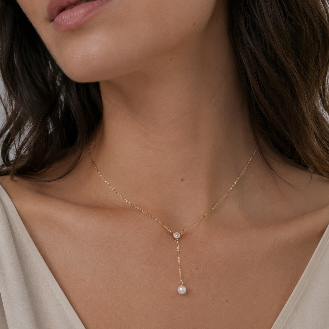 16" + 2" 14/20 Gold Filled CZ and Pearl Y Drop Necklace