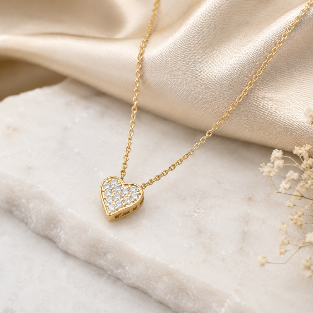 16" + 2" 14 Karat Gold Plated Pave CZ Heart "MOM" Necklace