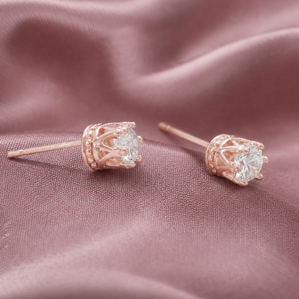 14 Karat Rose Gold Plated Crown Set CZ Earrings