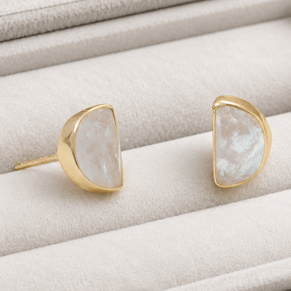 14 Karat Gold Plated Half Moon Rainbow Moonstone Post Earrings