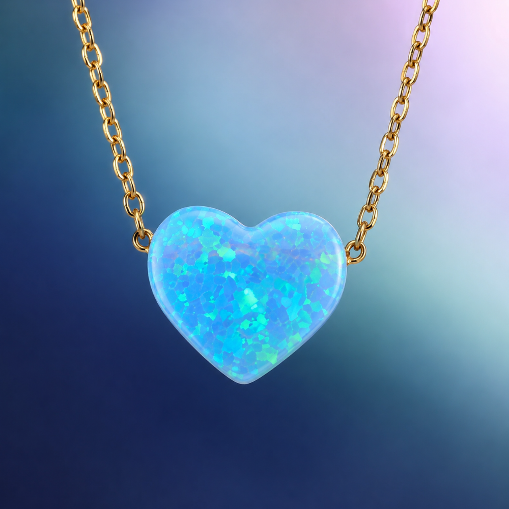 16" + 2" 14 Karat Gold Plated Synthetic Opal Heart Necklace