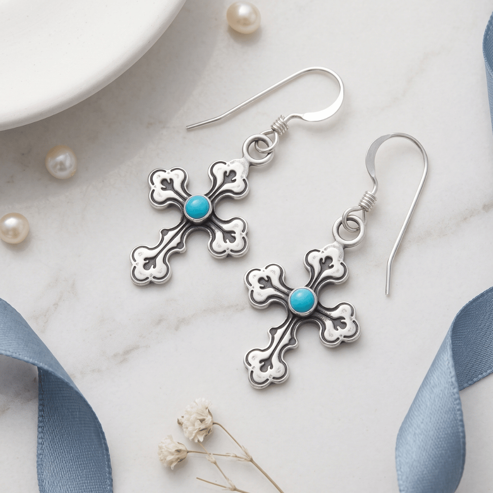 Oxidized Cross Earrings with Turquoise Center