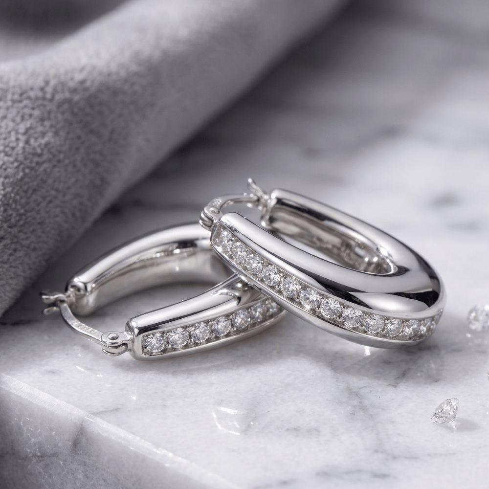 Hollow CZ Oblong Hoop Earrings