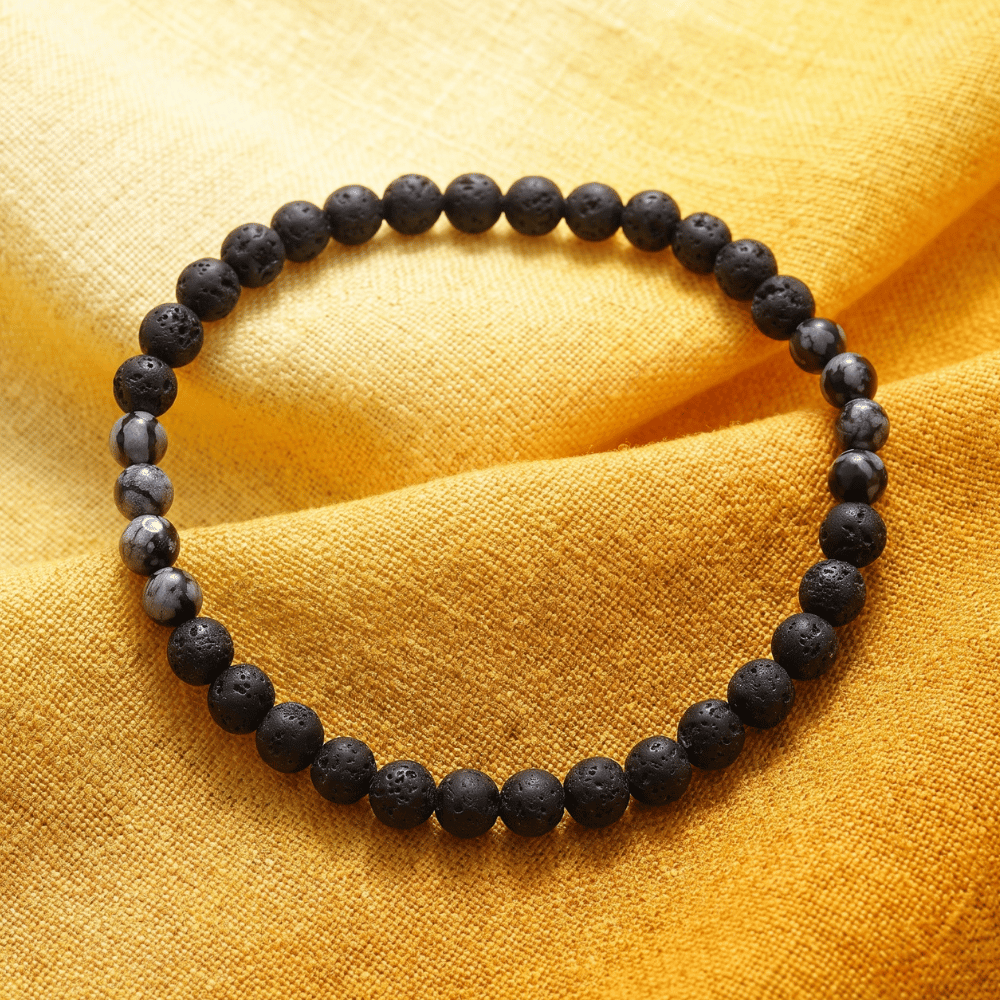 8" Black Lava and Snowflake Obsidian Stretch Bracelet