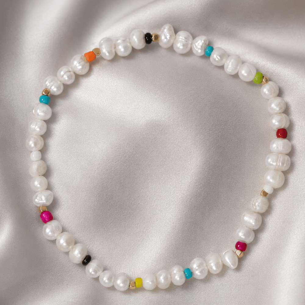 Rainbow Seed Bead and Cultured Freshwater Pearl 9" Stretch Anklet