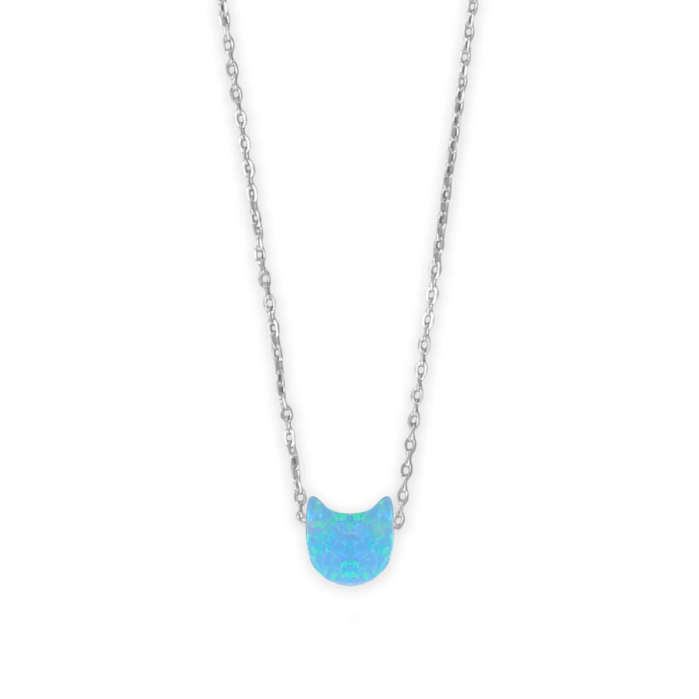 16" + 2" Rhodium Plated Synthetic Opal Kitty Cat Face Necklace