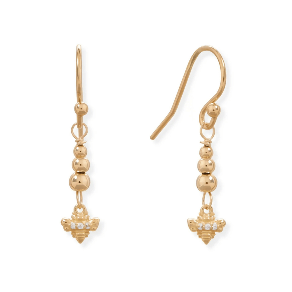 14 Karat Gold Plated Cubic Zirconia Bee Drop Earrings