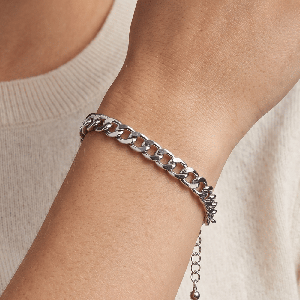 7-inch + 2-inch Silver Tone Curb Chain Fashion Bracelet