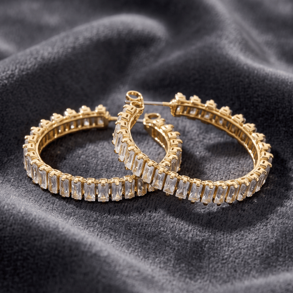 Gold Tone Baguette CZ Fashion Hoop Earrings