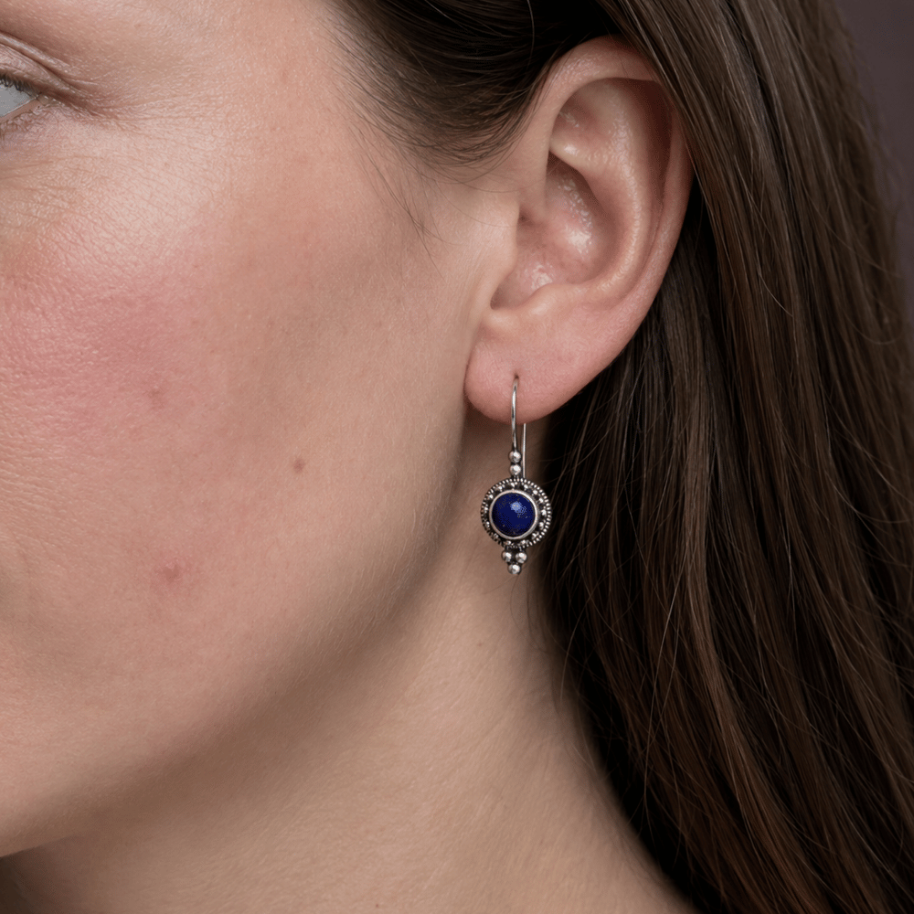 Oxidized Lapis Bead and Rope Edge Bali Earrings