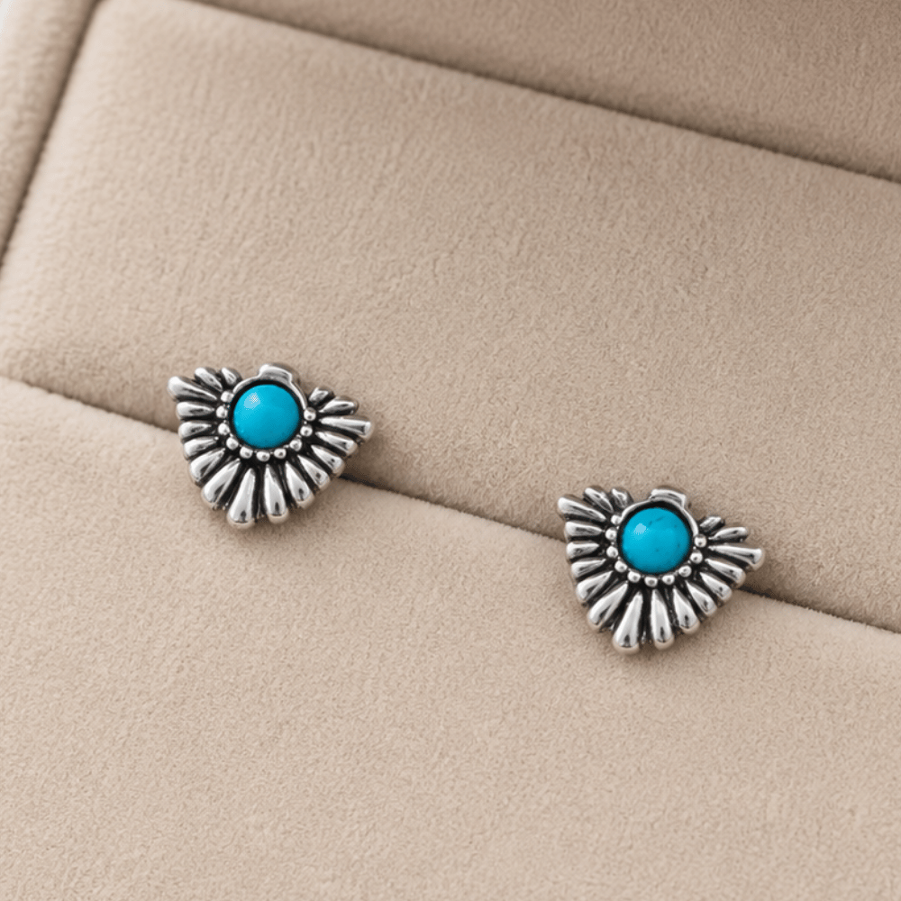 Rhodium Plated Oxidized Fan with Imitation Turquoise Stud Earrings