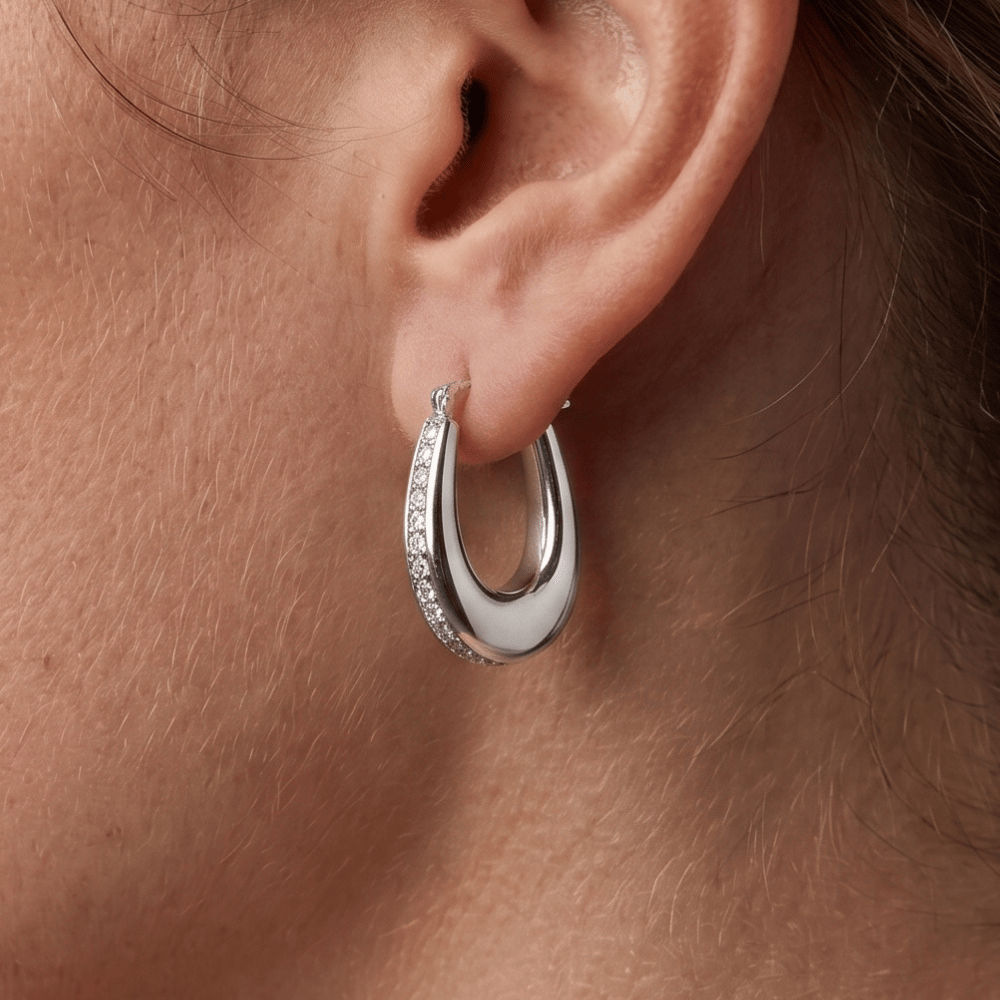 Hollow CZ Oblong Hoop Earrings