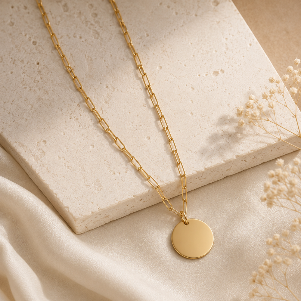 16" + 2" 14 Karat Gold Plated Engravable Disc Necklace