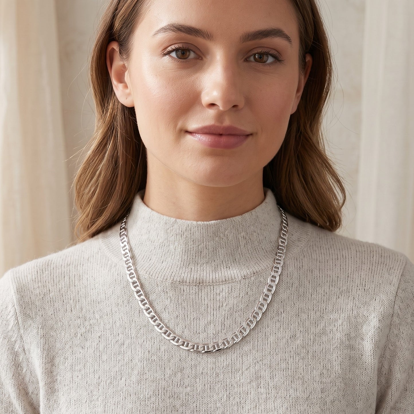 925 Sterling Silver Flat Marina Chain Necklace - 6mm