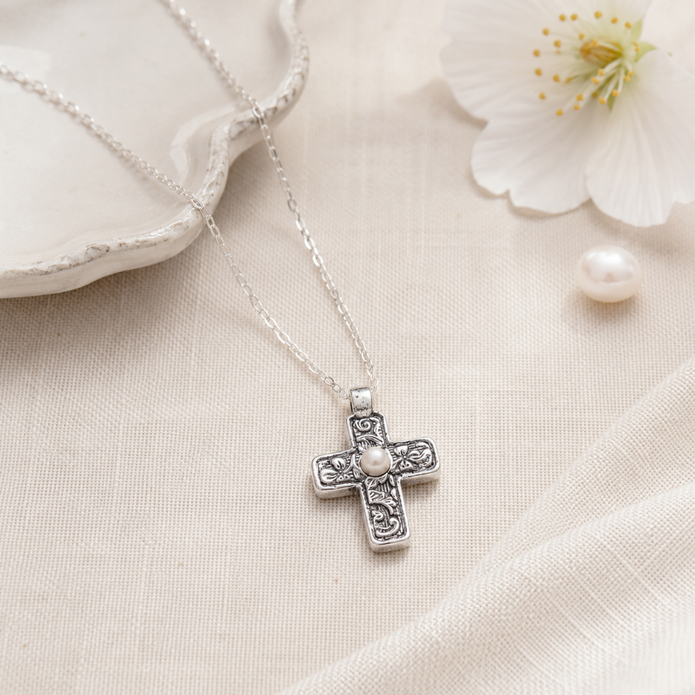 Reversible Cross Charm with Cultured Freshwater Pearl Necklace