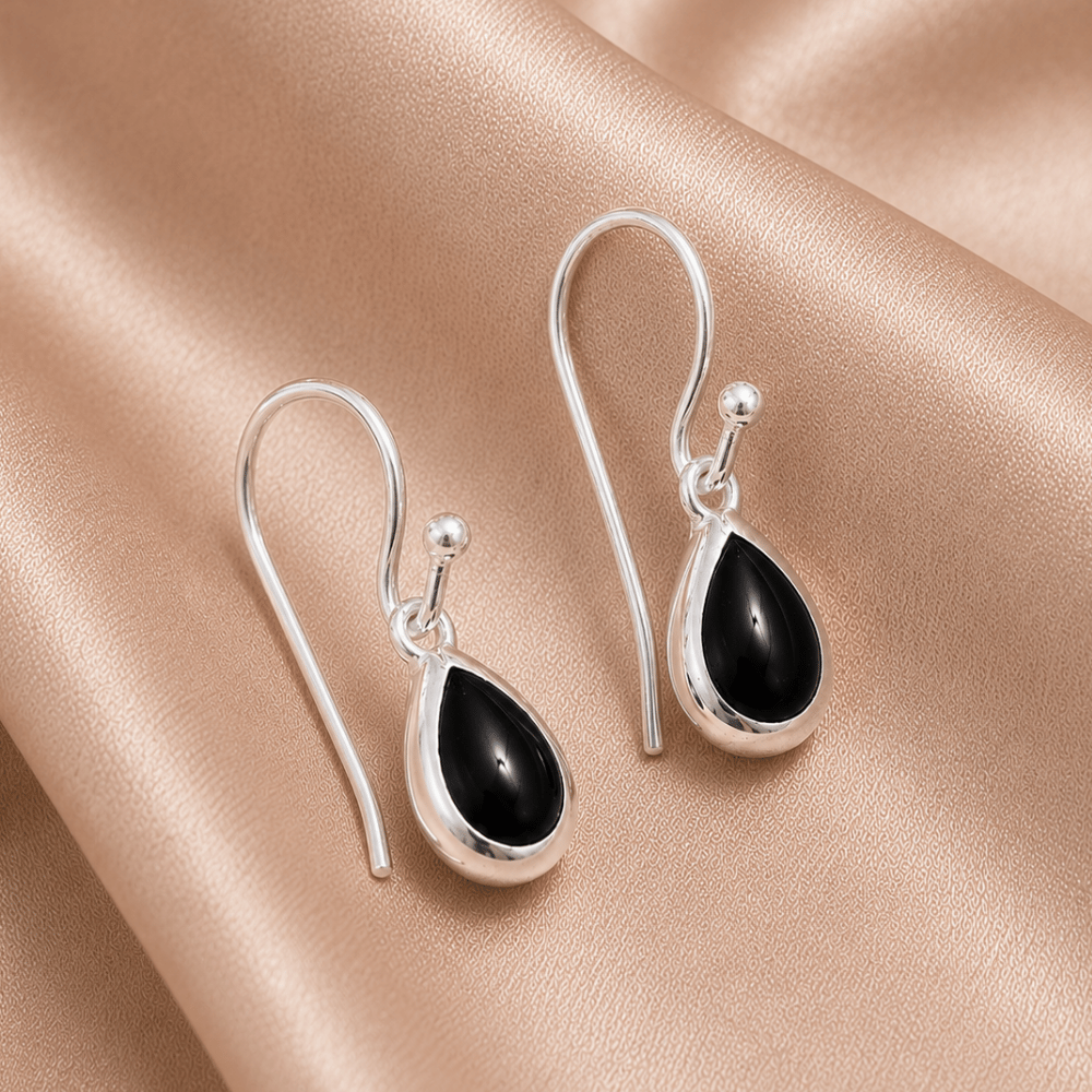 Pear Inlay Black Onyx French Wire Earrings