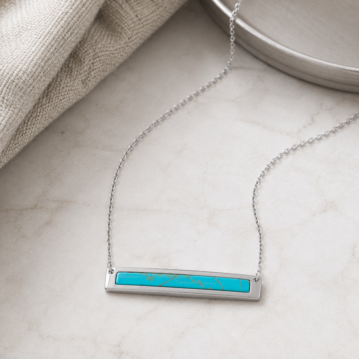 16" + 2" Rhodium Plated Turquoise Bar Necklace