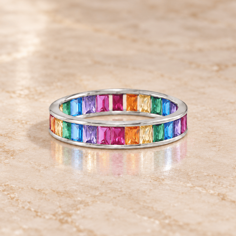 Rhodium Plated Rainbow CZ Ring