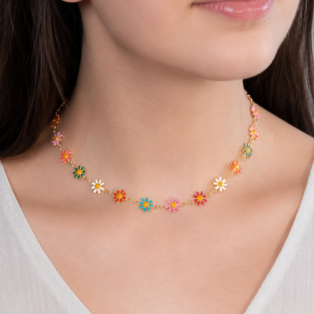 13.5" + 3" Multicolor Enamel Flower Necklace