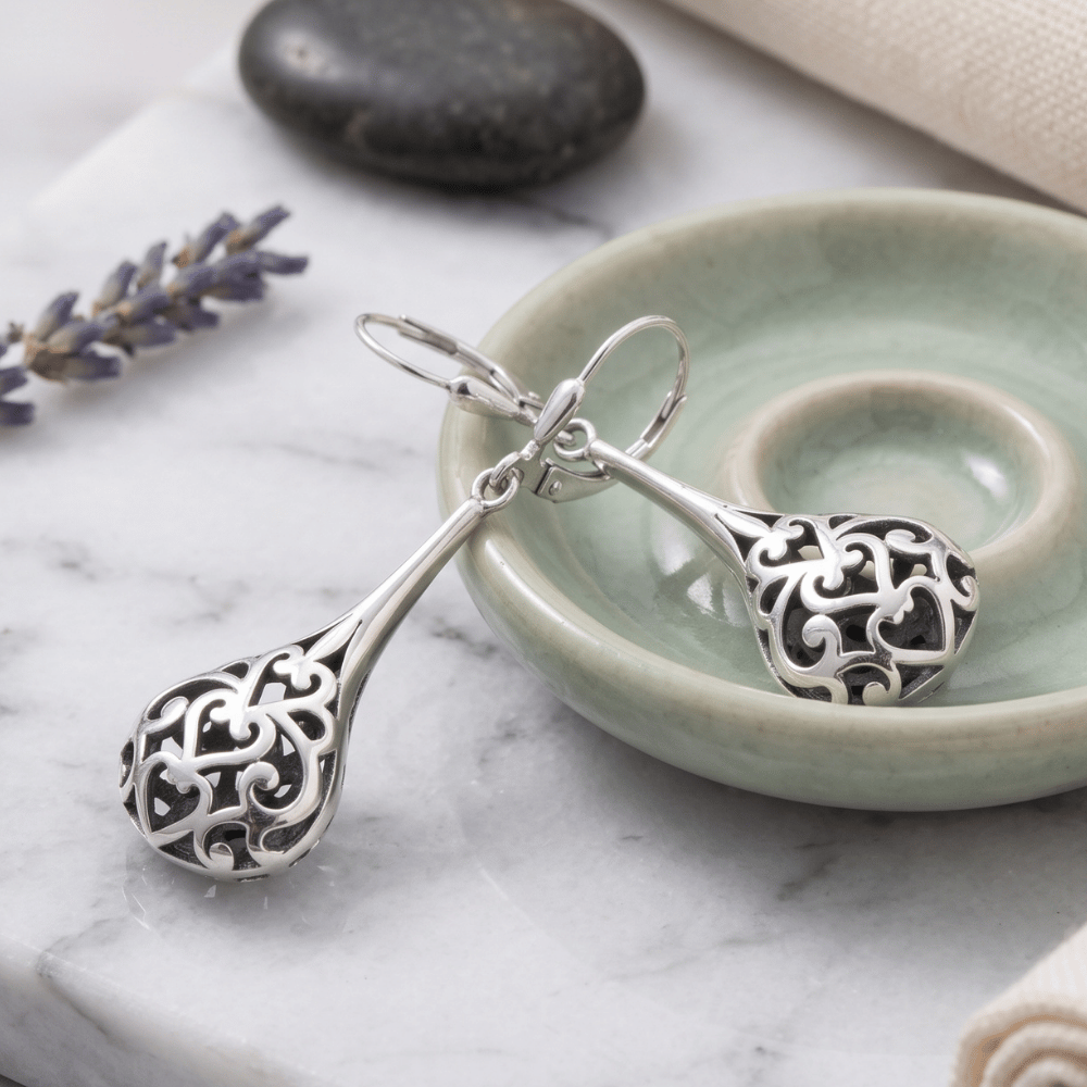 Oxidized Filigree Heart Pear Raindrop Earrings