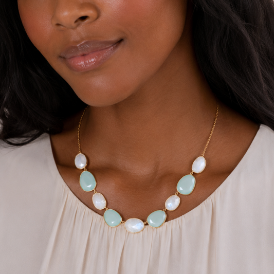 14 Karat Gold Plated Rainbow Moonstone and Green Chalcedony Necklace