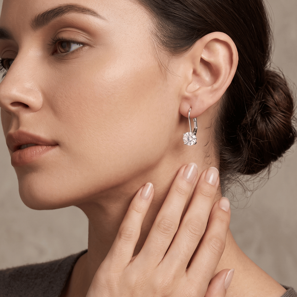 Rhodium Plated Lever Back CZ Earrings