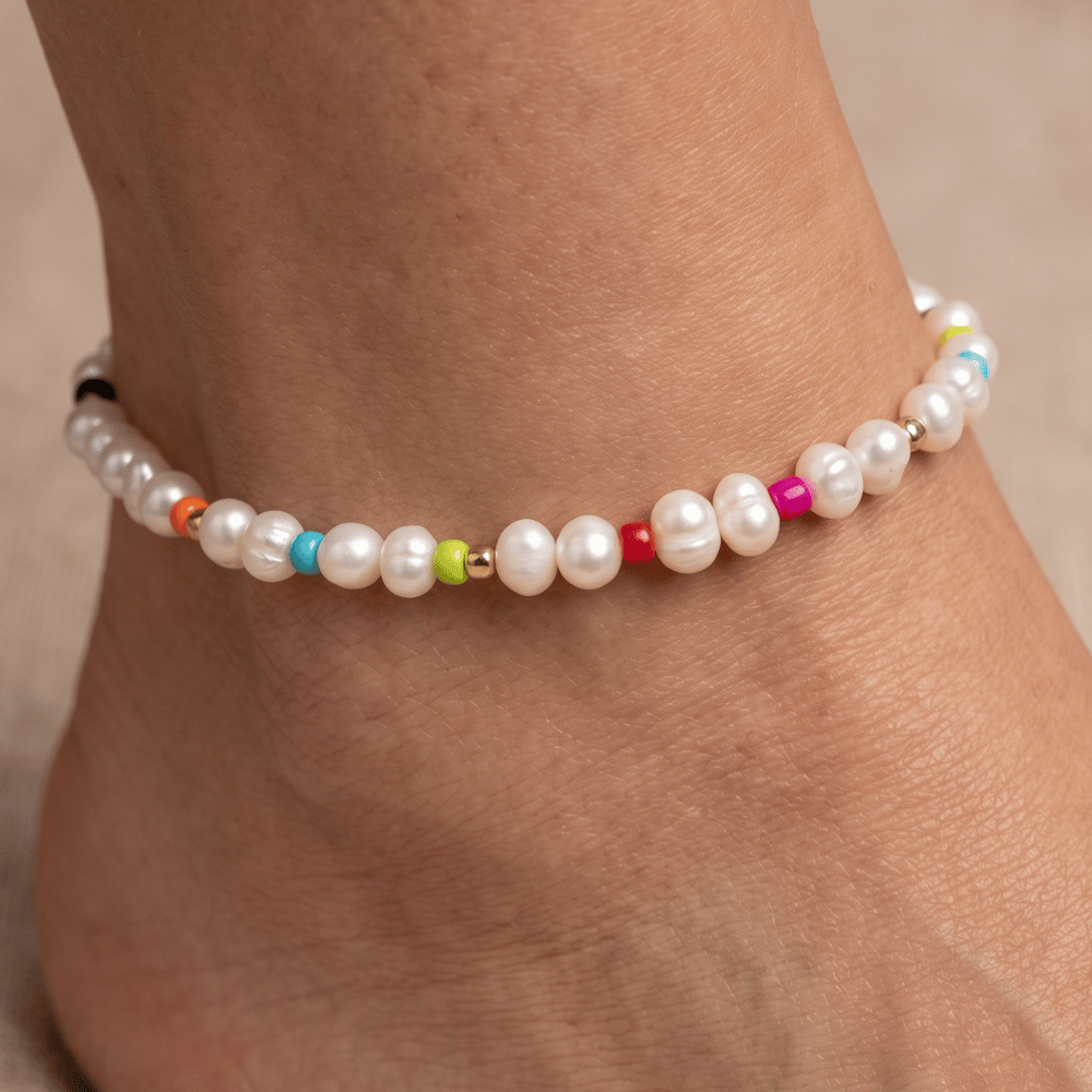 Rainbow Seed Bead and Cultured Freshwater Pearl 9" Stretch Anklet