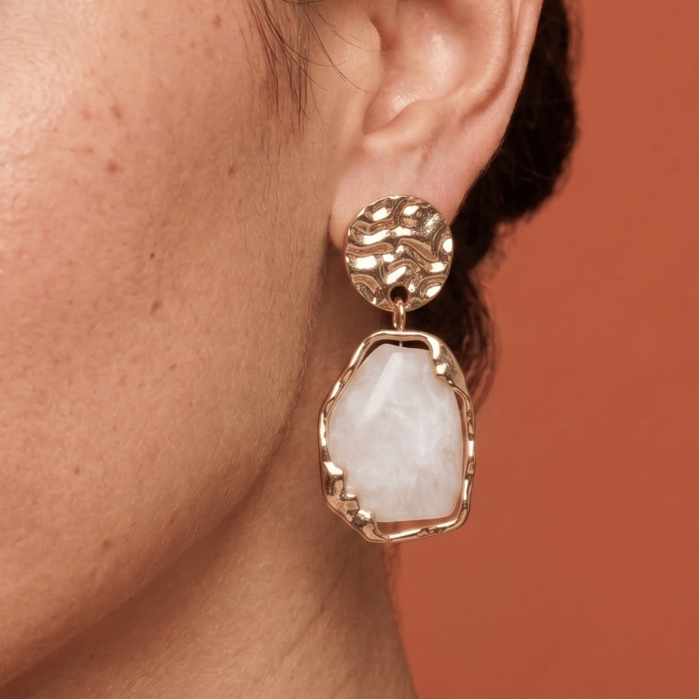 Gold Tone Textured Disc and White Marble Acrylic Drop Fashion Earrings