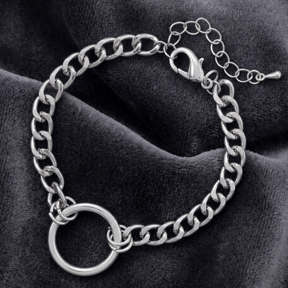7" + 2" Silver Tone Curb Chain O-Ring Fashion Bracelet