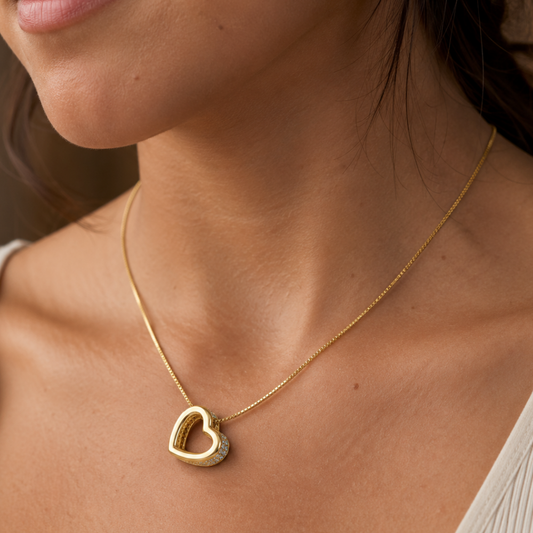 16" + 2" 14 Karat Gold Plated CZ Lined Floating Heart Necklace