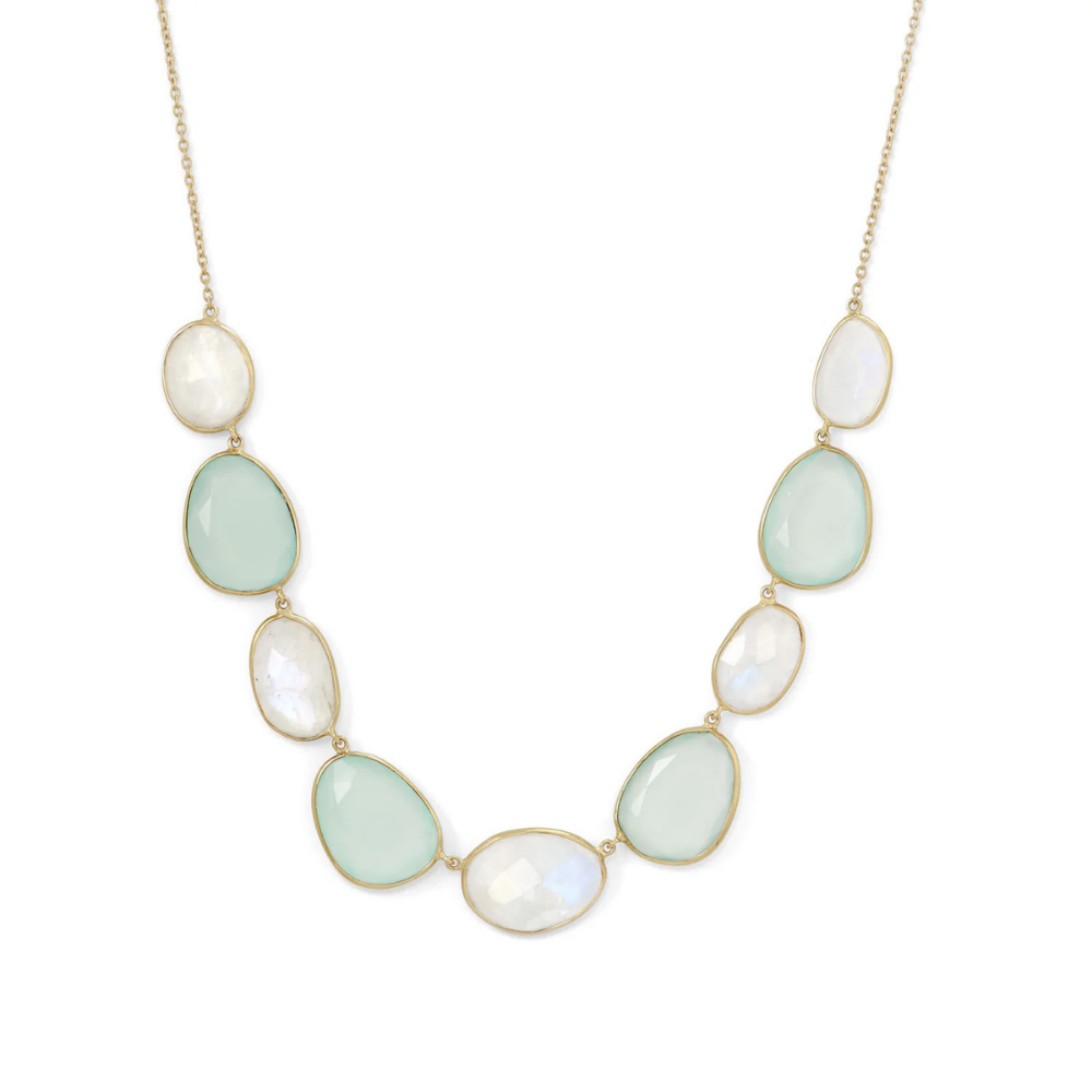 14 Karat Gold Plated Rainbow Moonstone and Green Chalcedony Necklace