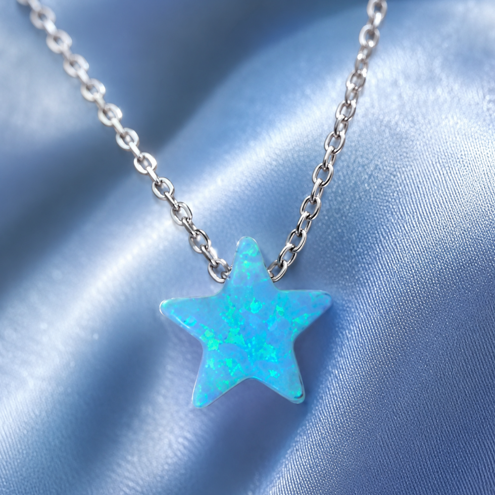 16" + 2" Rhodium Plated Synthetic Opal Star Necklace