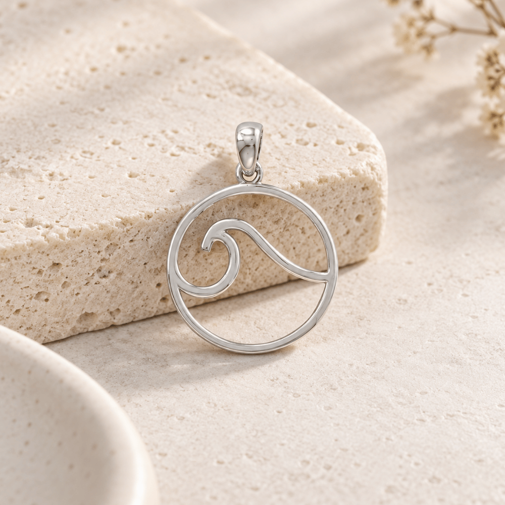 Rhodium Plated Outline Wave Pendant