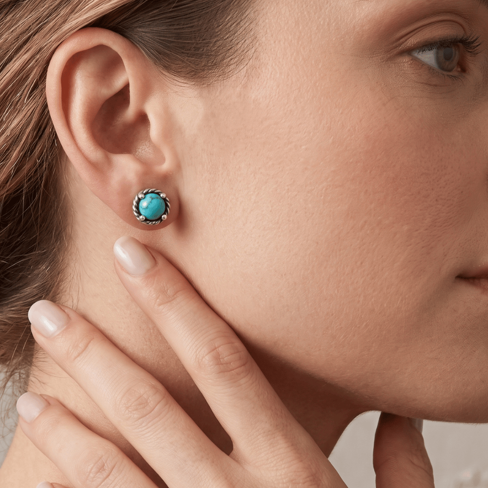 Oxidized Rope Edge Turquoise Stud Earrings
