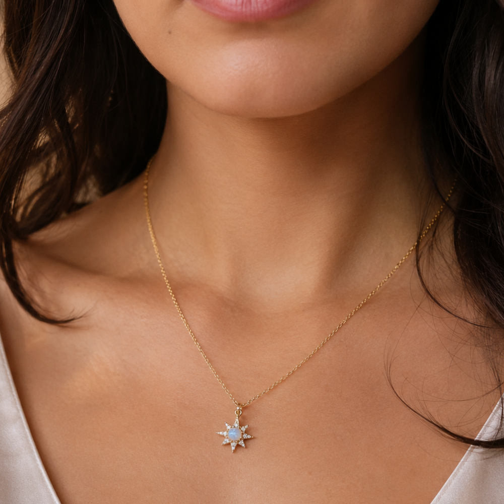 14 Karat Gold Plated CZ Star and Synthetic Opal Necklace