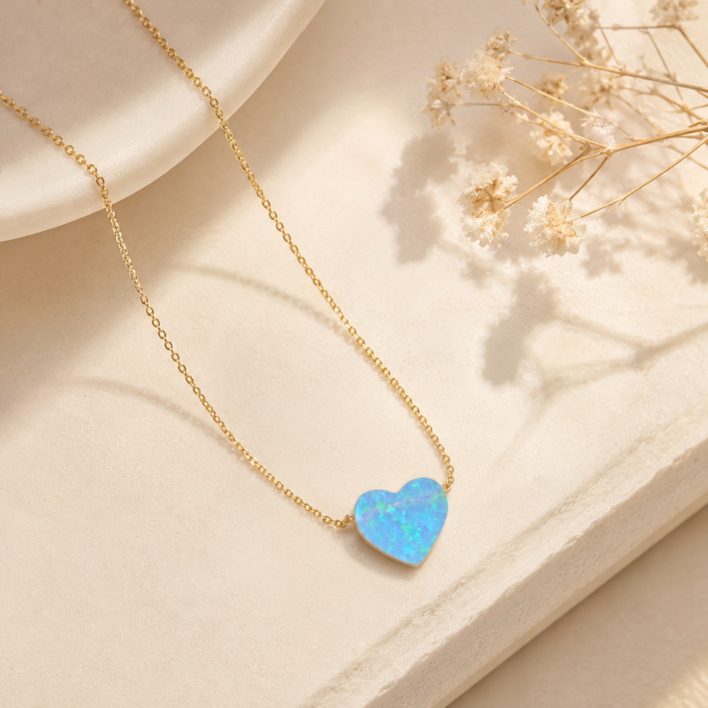 16" + 2" 14 Karat Gold Plated Synthetic Opal Heart Necklace
