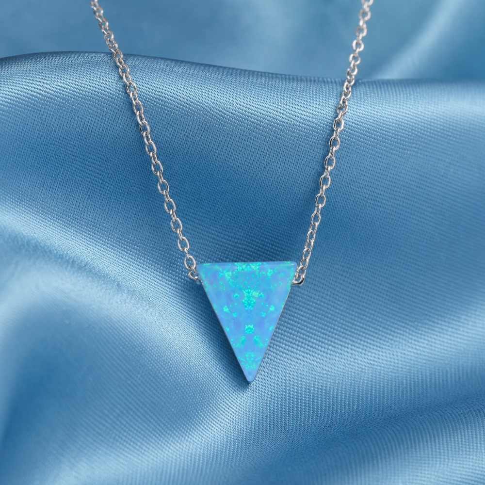 16" + 2" Rhodium Plated Synthetic Opal Triangle Necklace