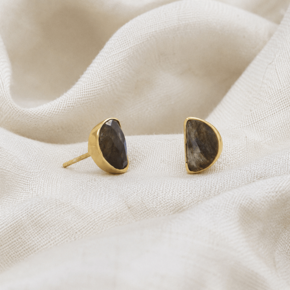 14 Karat Gold Plated Half Moon Labradorite Studs