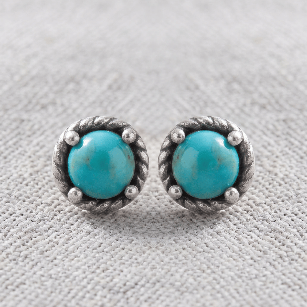 Oxidized Rope Edge Turquoise Stud Earrings