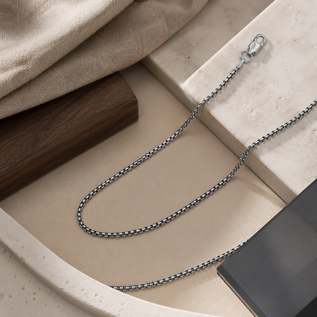 925 Sterling Silver Oxidized Rounded Box Chain Necklace - 1.6mm