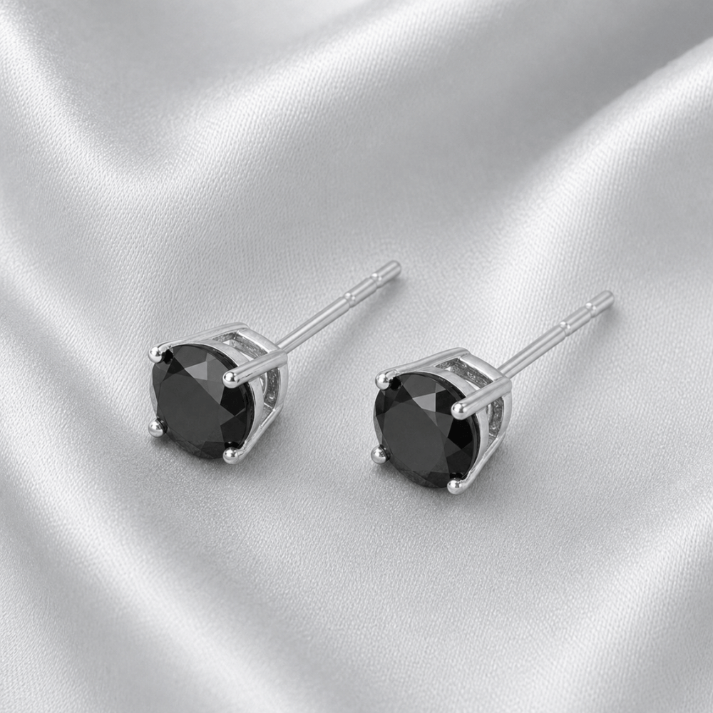 Rhodium Plated Black CZ Stud Earrings