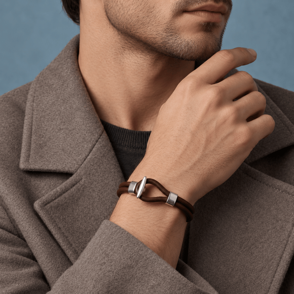 9" Men's Leather and Silver Tone Bracelet