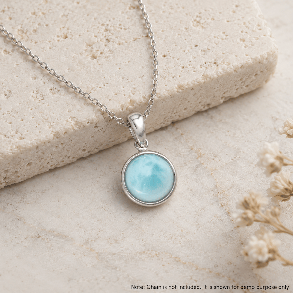 Rhodium Plated Round Larimar Pendant