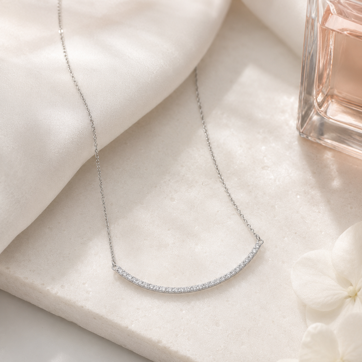 18" + 2" Rhodium Plated Curved CZ Bar Necklace