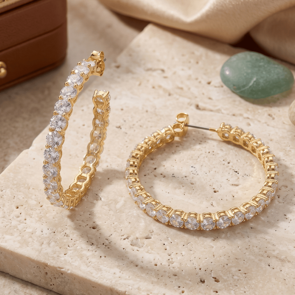 Gold Tone Baguette CZ Fashion Hoop Earrings