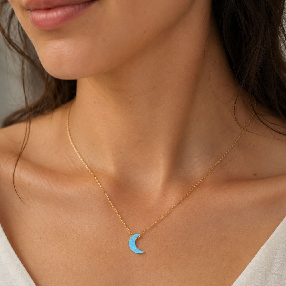 16" + 2" 14 Karat Gold Plated Synthetic Opal Moon Necklace
