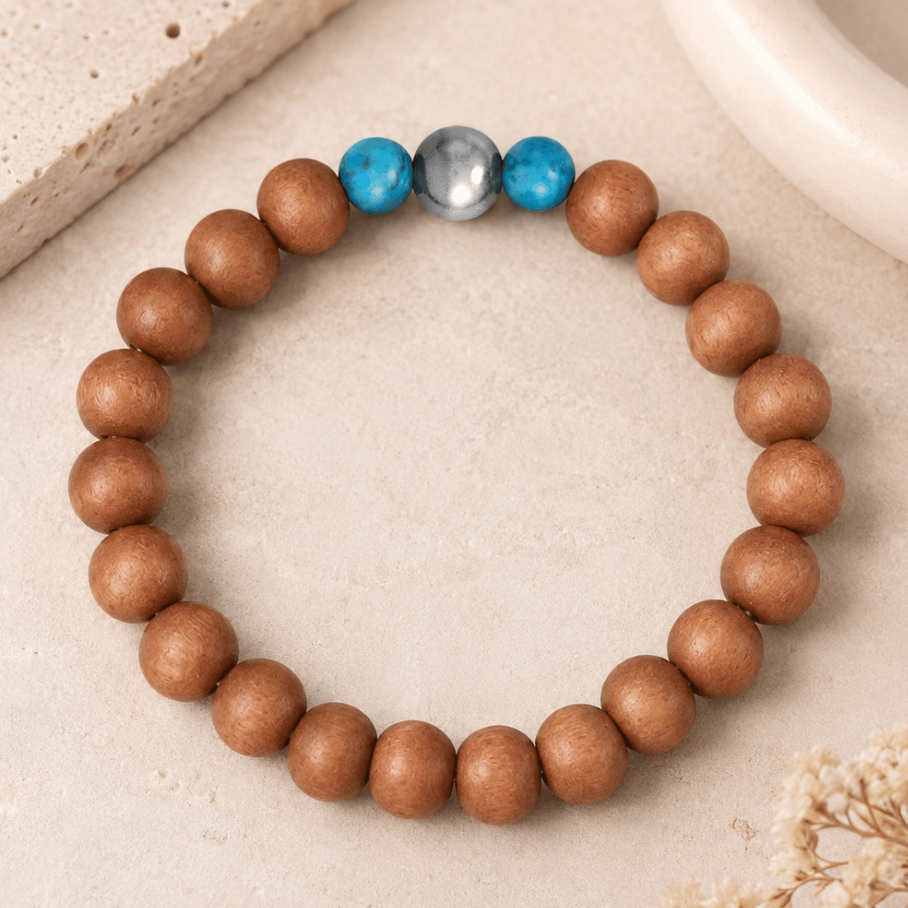8-inch Blue Agate, Wood and Silver Bead Stretch Bracelet - view 2