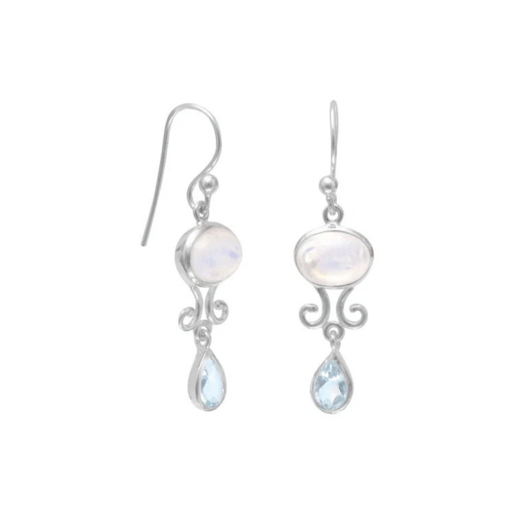 Rainbow Moonstone and Blue Topaz Drop Earrings